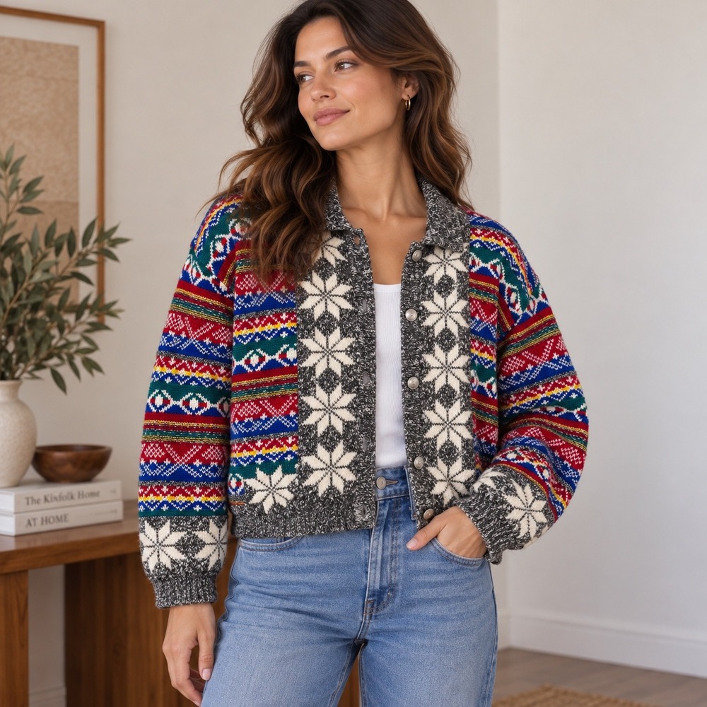 Lizwear Cardigan Sweater Womens L Rainbow Fair Isle Snowflake Grandpa Core 90s